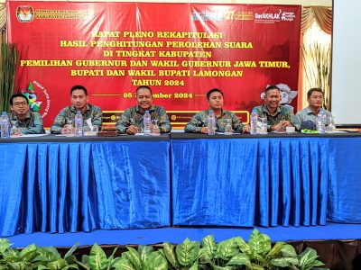 Rapat pleno Terbuka Rekapitulasi Hasil Akhir Pilkada Serentak 2024 oleh KPU Lamongan di Grand Hotel Mahkota Lamongan, Kamis malam (5/12/2024).