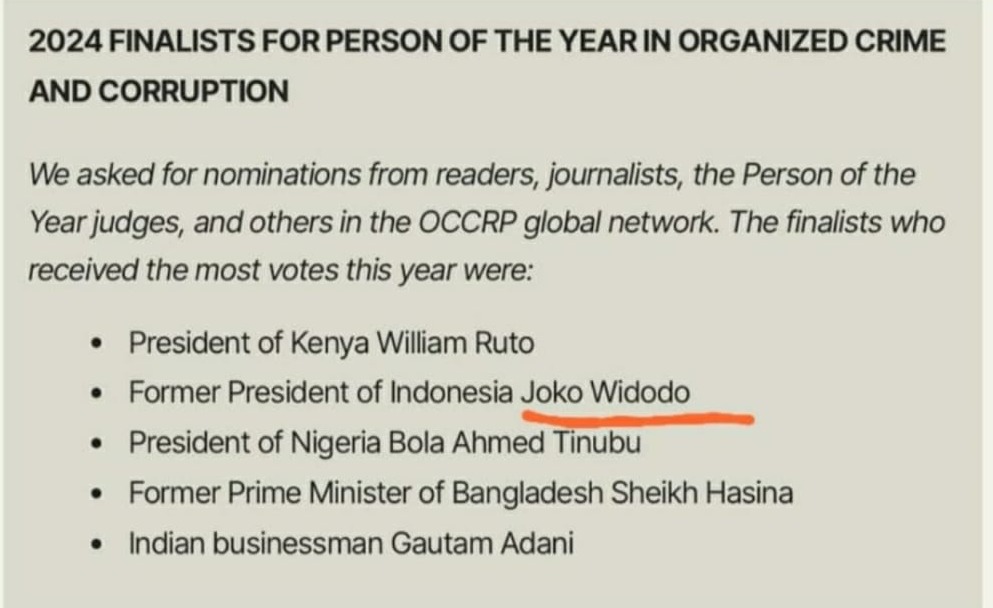 Hasil Tangkapan Layar dari Laman OCCRP yang menyebutkan Presiden Jokowi sebagai Finalis Nominasi Tokoh Terkorup Tahun 2024 yang dirilis OCCRP.