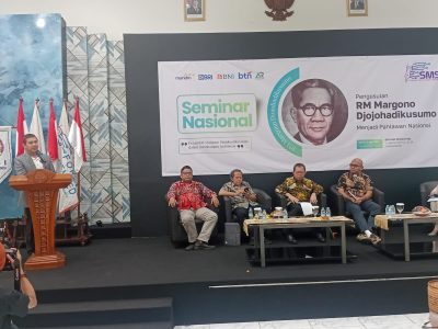 Ketua Dewan Pakar SMSI, Yudhi Chrisnandi, saat menyampaikan sambutan dalam acara seminar Nasional Pengusulan RM Margono Djojohadikusumo sebagai Pahlawan Nasional di Aula Dewan Pers Jakarta pada Kamis (10/4/2025)