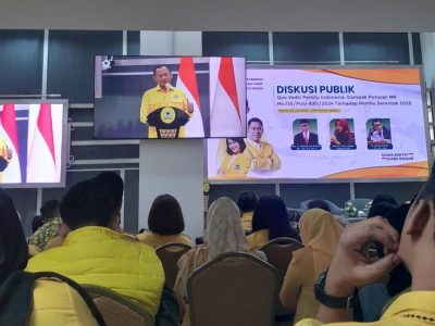 Sekjen DPP Partai Golkar, M. Sarmuji, saat menyampaikan sambutan dalam Diskusi Publik Quo Vadis Pemilu Indonesia? yang diadakan oleh DPP Partai Golkar pada Kamis (24/7).