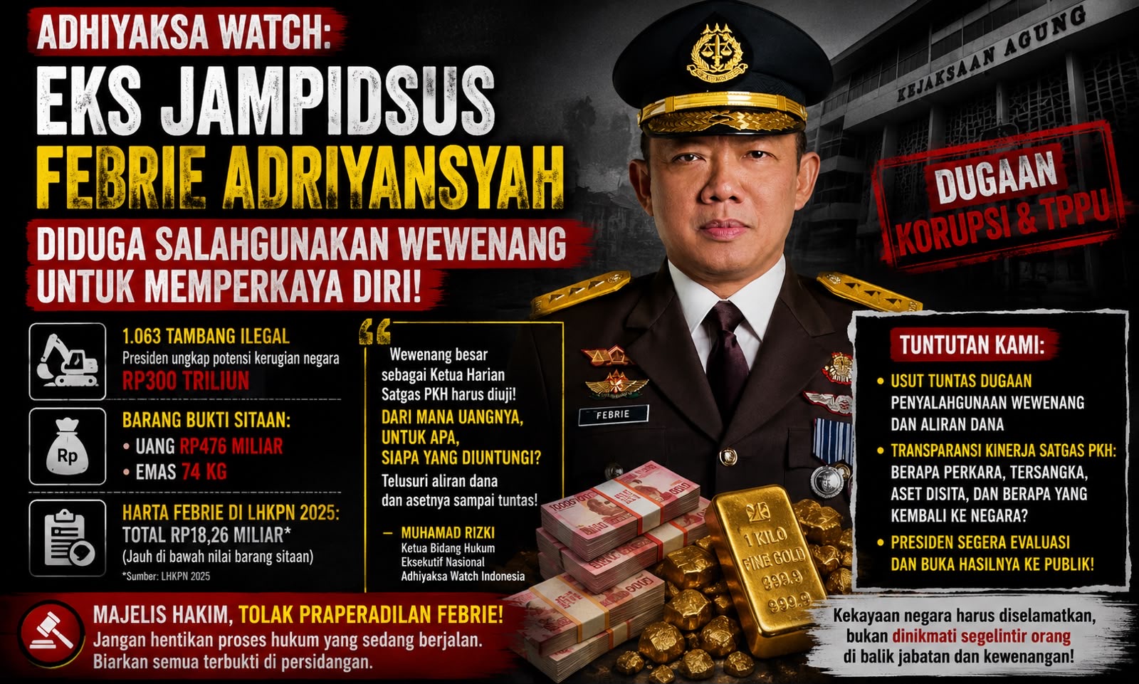 Adhiyaksa Watch Minta Praperadilan Febrie Tak Hentikan Pengusutan Dugaan Penyalahgunaan Wewenang
